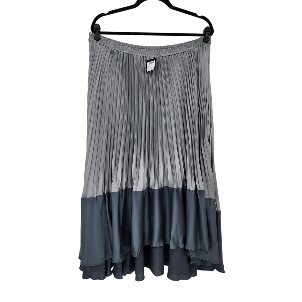 NWT Club Monaco Pleated Flounce Gray Blue Colorblock Satin Midi Skirt Size XL